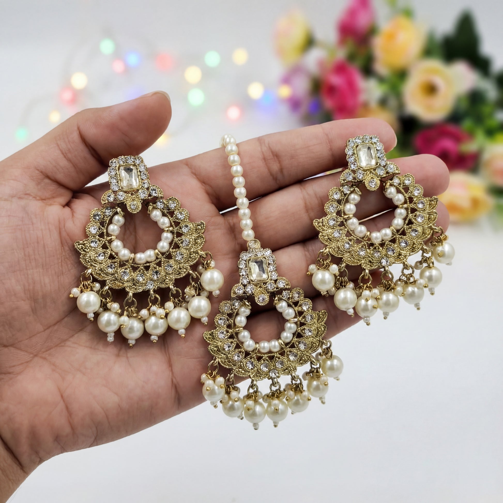 Golden and white pearls earrings maang tikka set