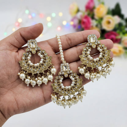 Golden and white pearls earrings maang tikka set