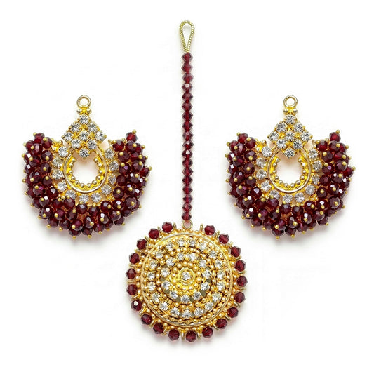 maroon chand bali earrings and maang tikka on a white background - trending pakistani jewellery