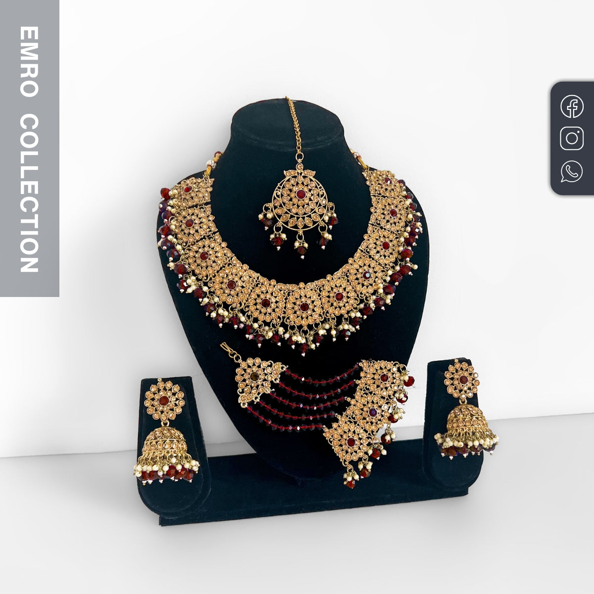 maroon necklace set with matching earrings, tikka, and jhoomar, perfect for indian parties, weddings, and celebrations