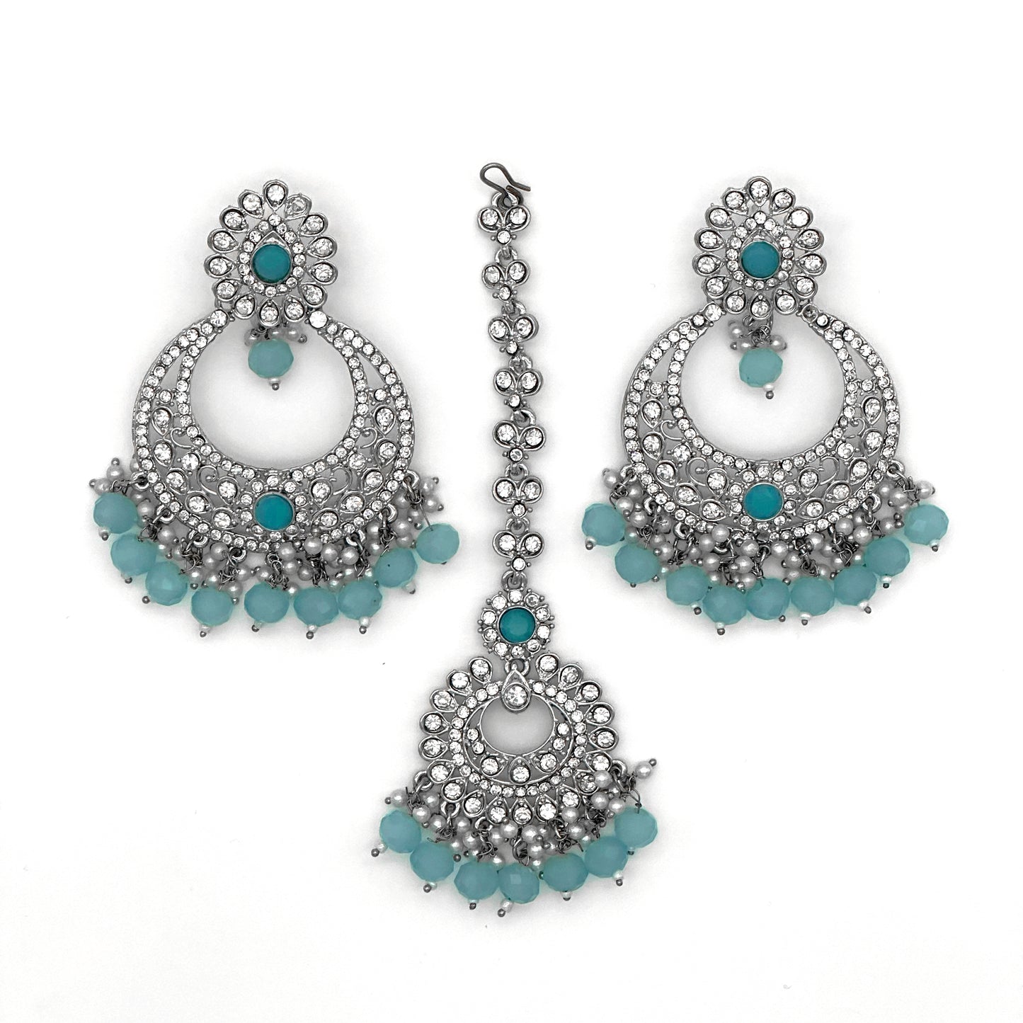 mint blue earrings tikka set