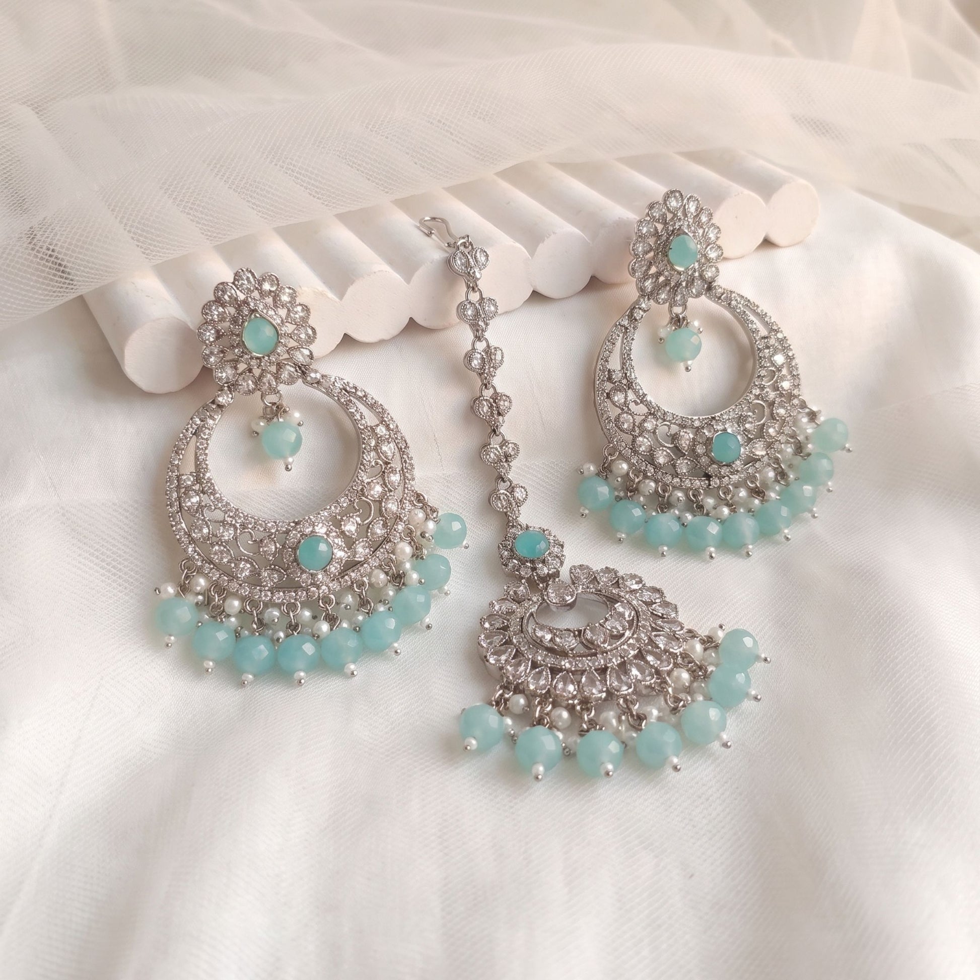 Mint Blue earrings tikka set party jewellery