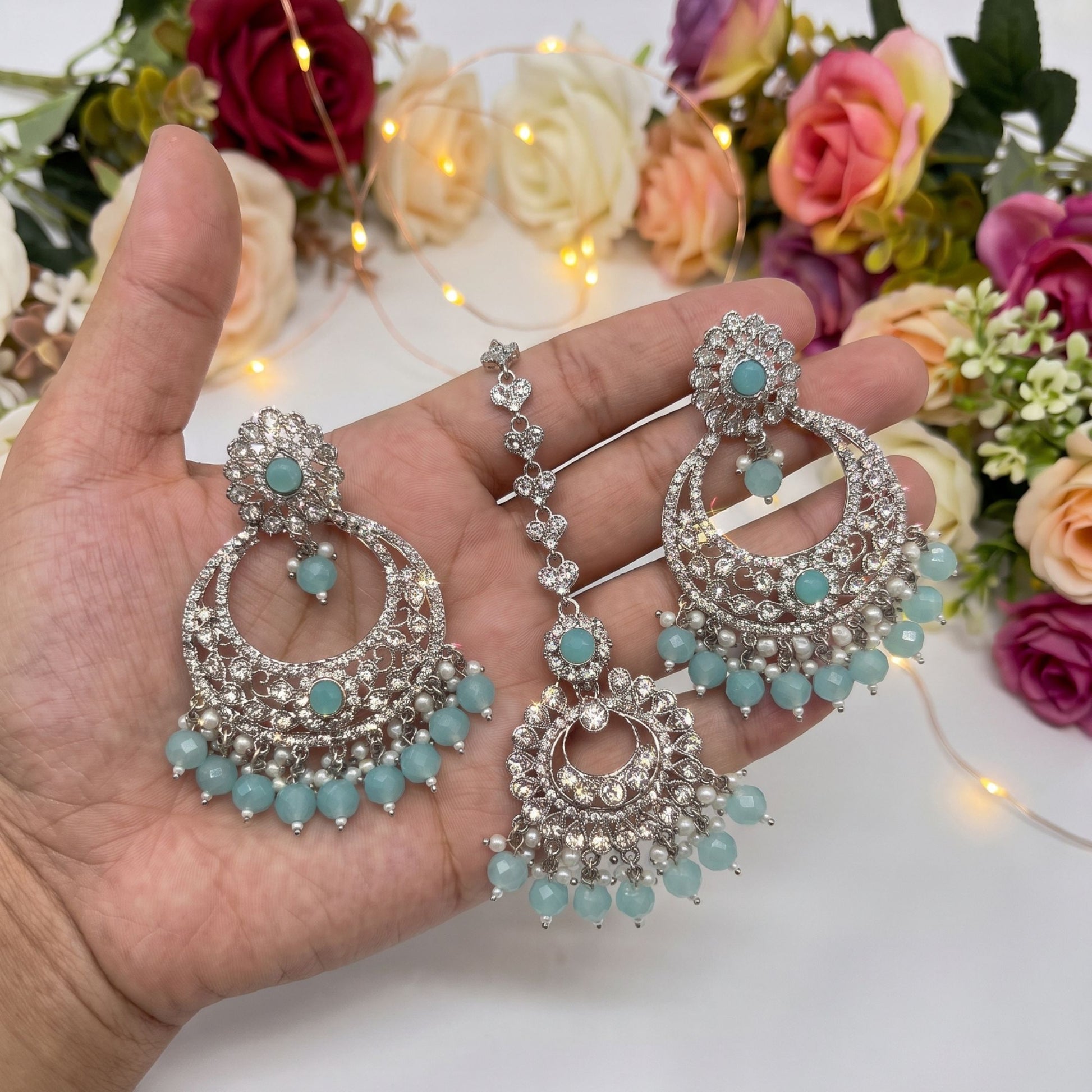 Mint Blue earrings tikka set party jewellery