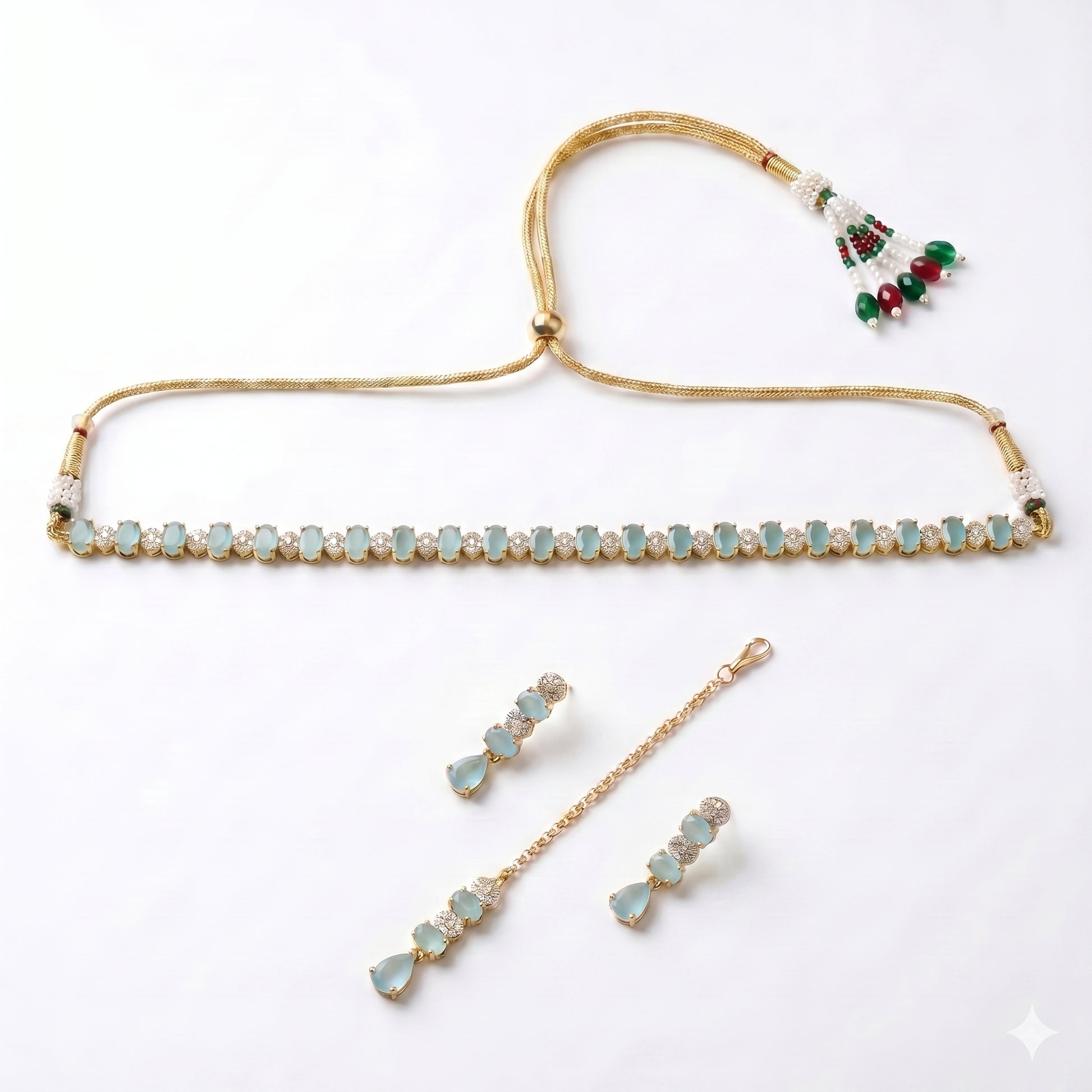 Mint Green Choker Necklace Set with Earrings and Tikka displayed together showing soft detailing