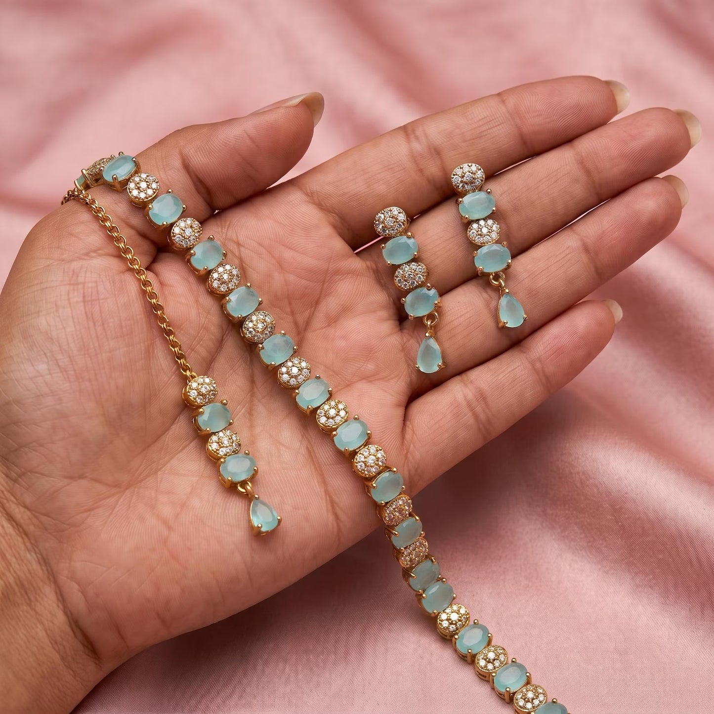 close-up of the mint green choker necklace highlighting intricate craftsmanship and finish