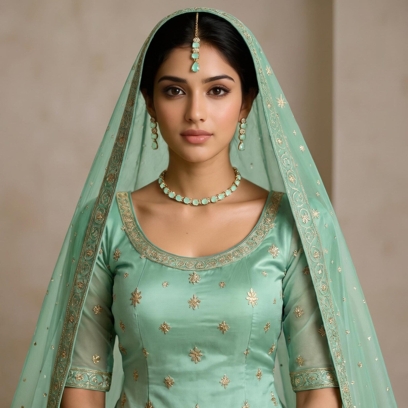 Model wearing the Mint Green Choker Necklace Set with Earrings and Tikka for a bridal look
