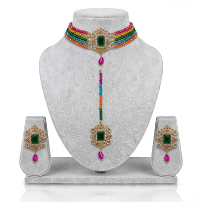 The full Multi Choker Set with Earrings and Maang Tikka arranged neatly together for a clear view
