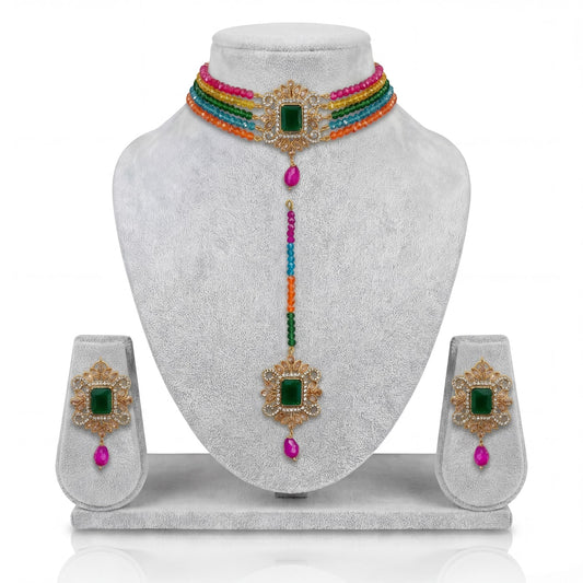 The full Multi Choker Set with Earrings and Maang Tikka arranged neatly together for a clear view
