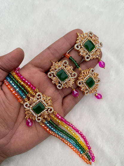 This multi choker set styled elegantly on a mannequin, fully ready for a mehndi function outfit