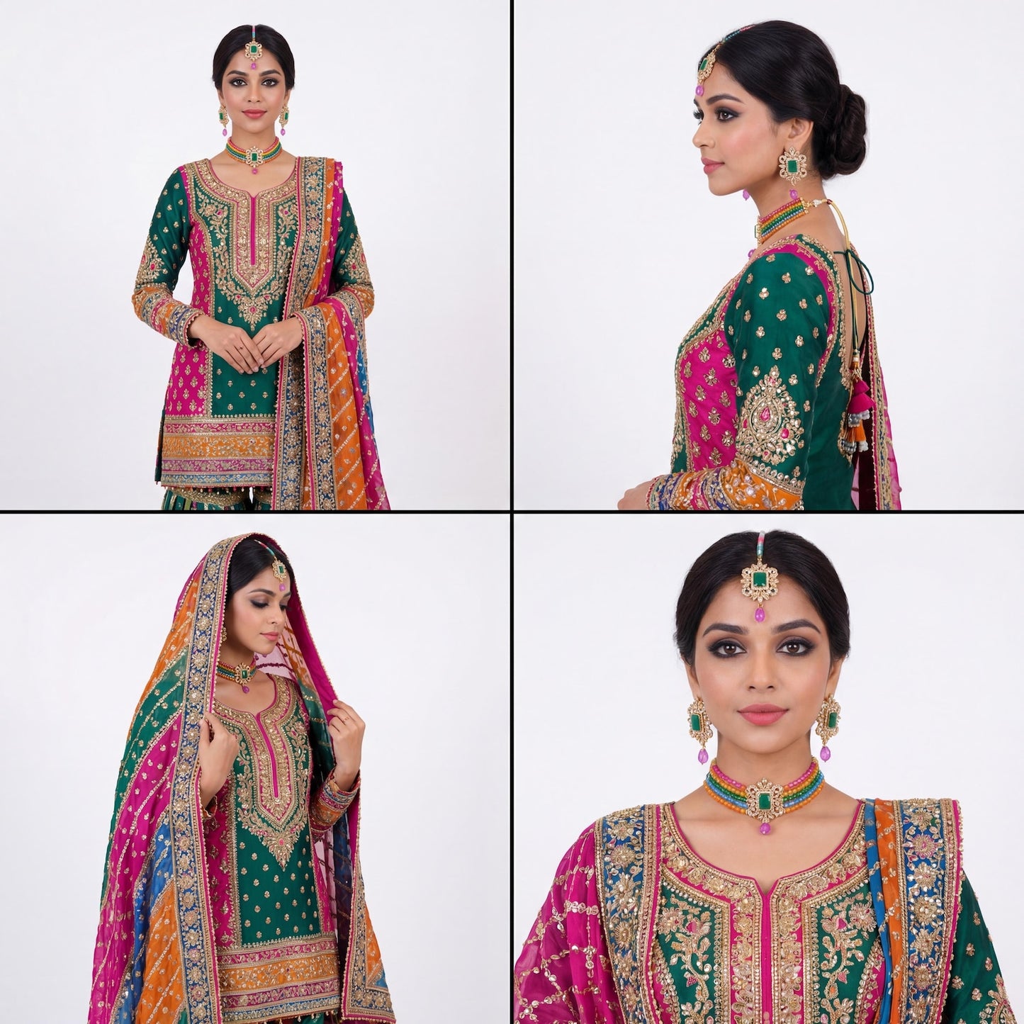 a model wears the complete choker, earrings and maang tikka set for a lively festive night