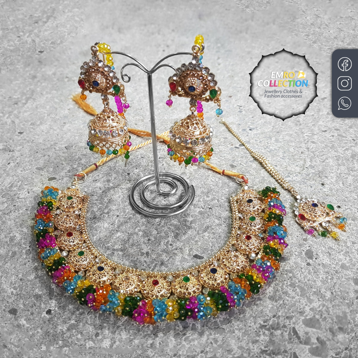 multi necklace set with matching earrings and tikka, crafted as high-quality pakistani mehndi jewelry, ideal for parties and celebrations