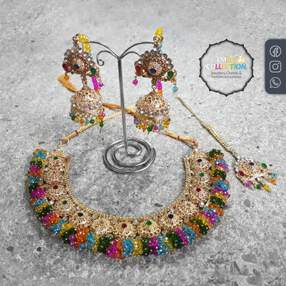 Multi necklace set with matching earrings and tikka, crafted as high-quality Pakistani Mehndi jewelry, ideal for parties and celebrations