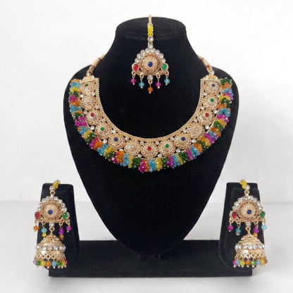 Multi necklace set with matching earrings and tikka, crafted as high-quality Pakistani Mehndi jewelry, ideal for parties and celebrations