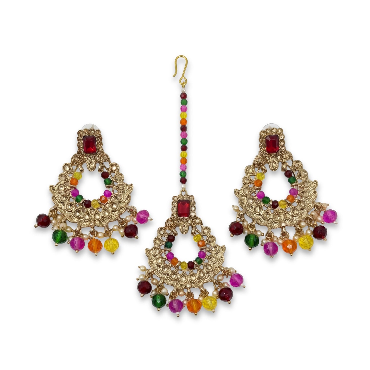 multi earrings tikka set, pearl earrings, indian earrings, high quality indian jewellery. suitable for wedding and parties