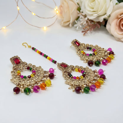 Multi earrings tikka set, Pearl earrings, Indian earrings, High quality Indian jewellery. suitable for wedding and parties