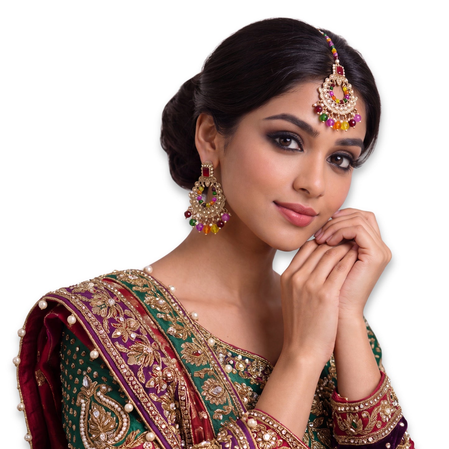 multi earrings tikka set, pearl earrings, indian earrings, high quality indian jewellery. suitable for wedding and parties