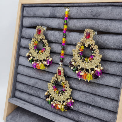 Multi earrings tikka set, Pearl earrings, Indian earrings, High quality Indian jewellery. suitable for wedding and parties