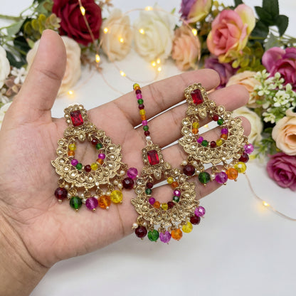 Multi earrings tikka set, Pearl earrings, Indian earrings, High quality Indian jewellery. suitable for wedding and parties