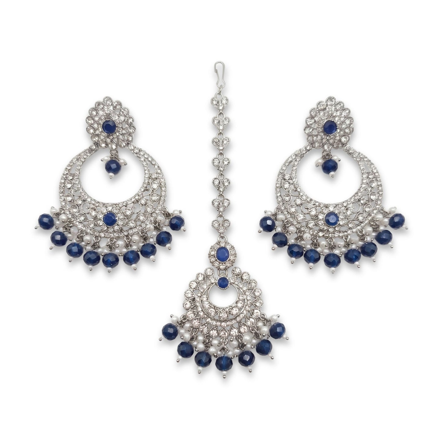 navy blue earrings tikka, silver and navy blue earrings, wedding jewellery, high quality indian jewellery. suitable for wedding and parties