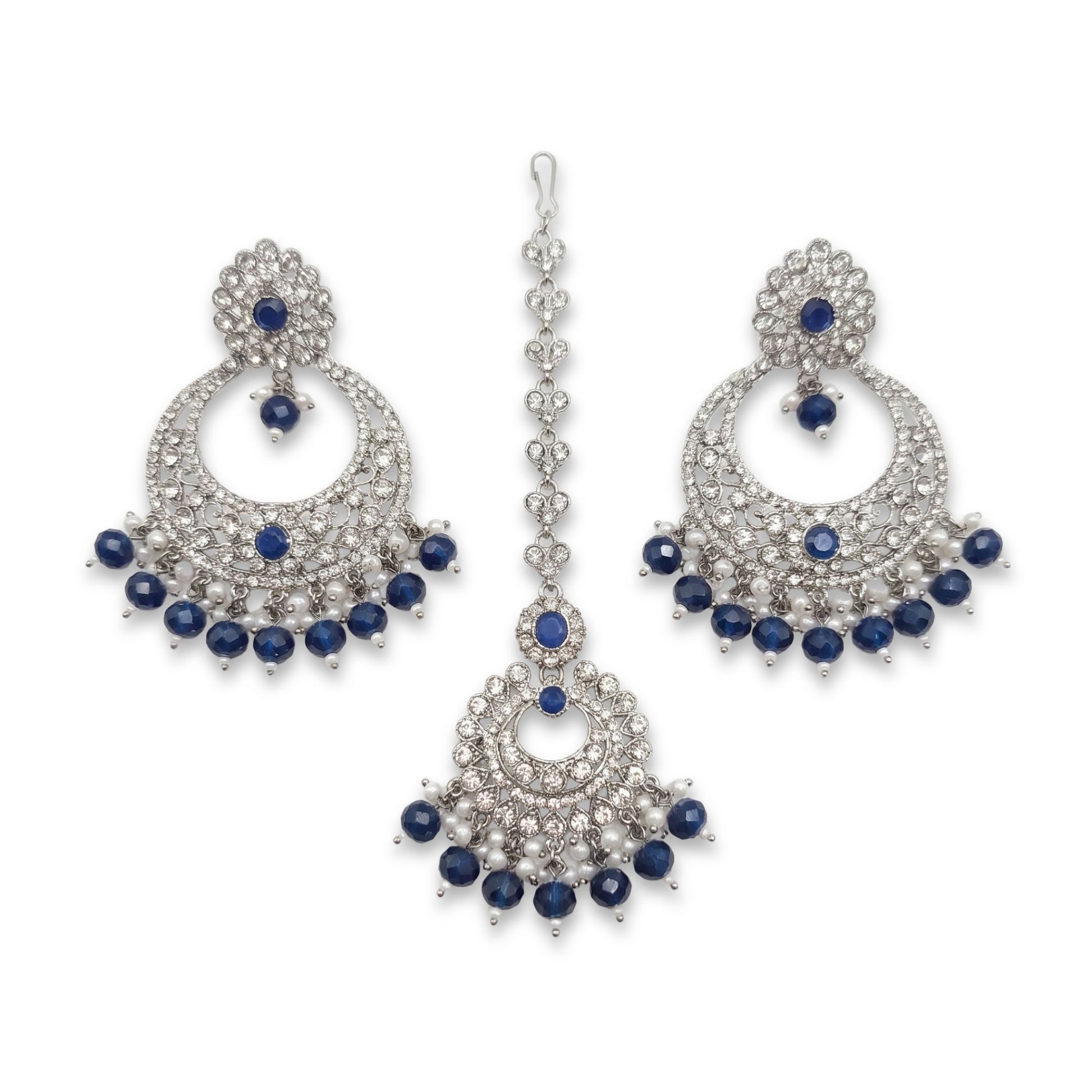 Navy Blue earrings tikka, Silver and Navy Blue earrings, wedding jewellery, High quality Indian jewellery. suitable for wedding and parties