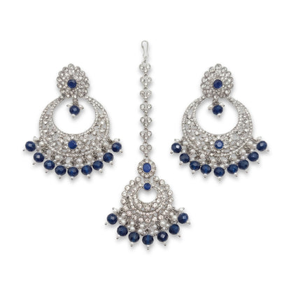 Navy Blue earrings tikka, Silver and Navy Blue earrings, wedding jewellery, High quality Indian jewellery. suitable for wedding and parties