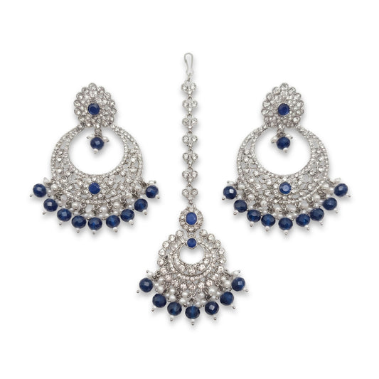 Navy Blue earrings tikka, Silver and Navy Blue earrings, wedding jewellery, High quality Indian jewellery. suitable for wedding and parties