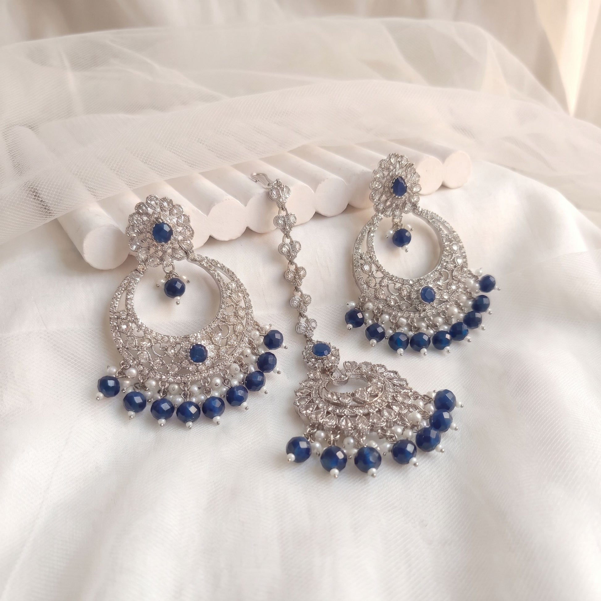 Navy Blue earrings tikka, Silver and Navy Blue earrings, wedding jewellery, High quality Indian jewellery. suitable for wedding and parties