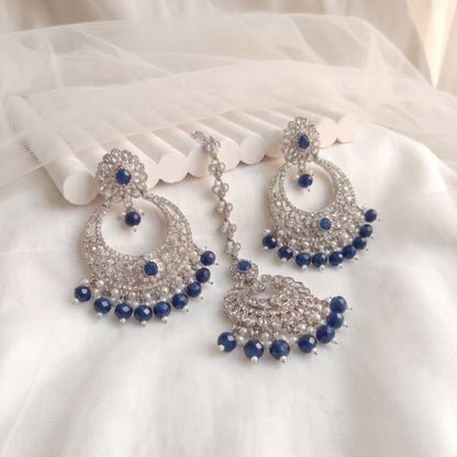 Navy Blue earrings tikka, Silver and Navy Blue earrings, wedding jewellery, High quality Indian jewellery. suitable for wedding and parties