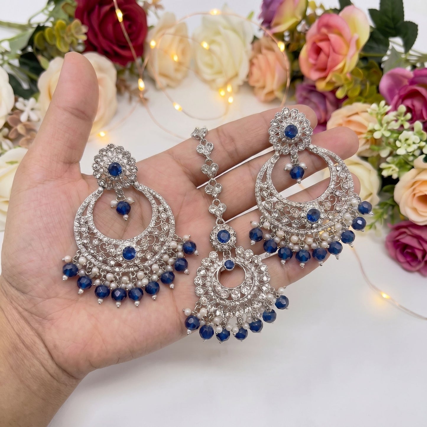 navy blue earrings tikka, silver and navy blue earrings, wedding jewellery, high quality indian jewellery. suitable for wedding and parties
