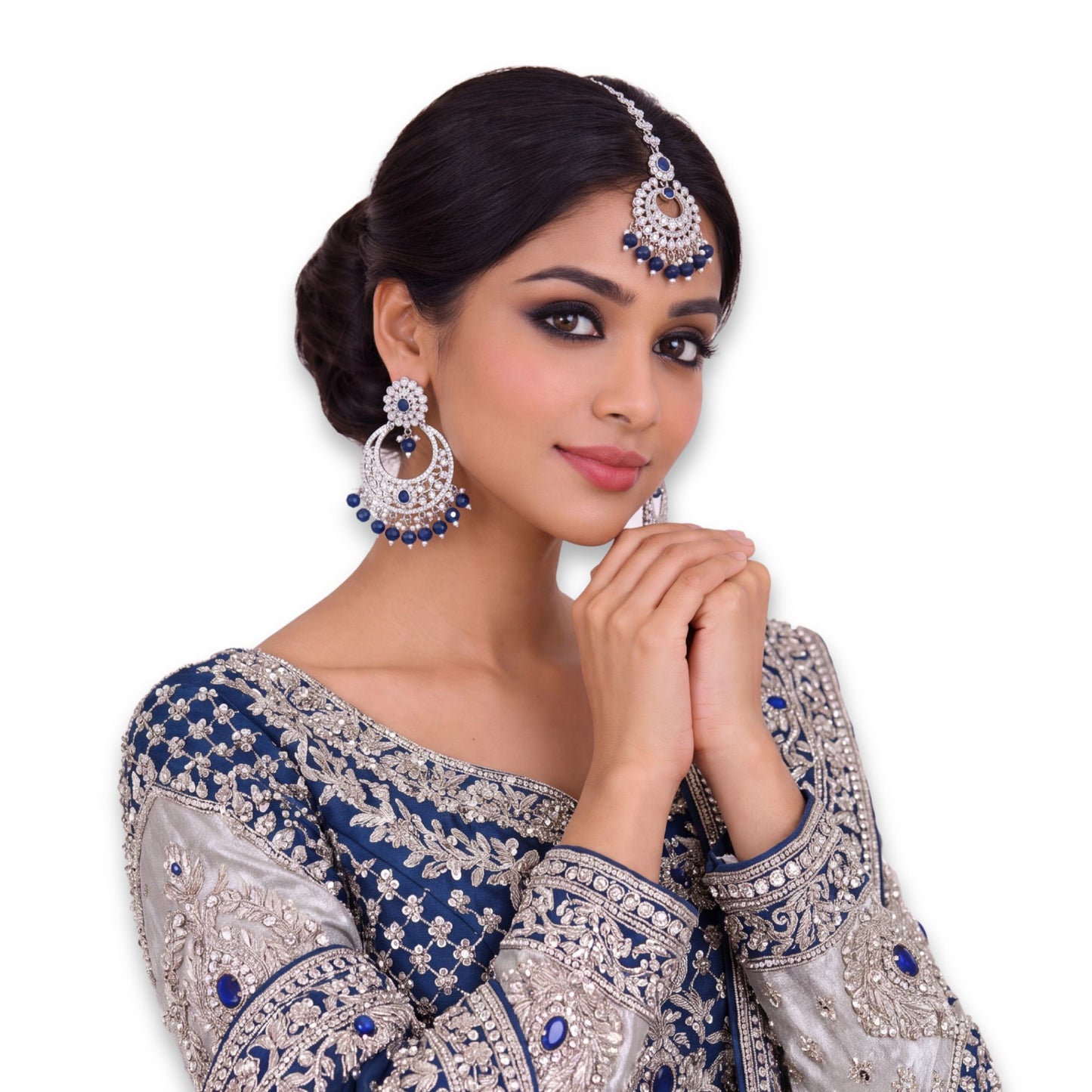 navy blue earrings tikka, silver and navy blue earrings, wedding jewellery, high quality indian jewellery. suitable for wedding and parties
