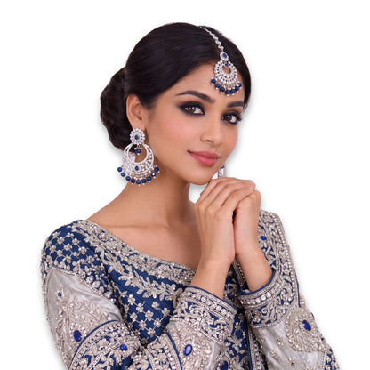 Navy Blue earrings tikka, Silver and Navy Blue earrings, wedding jewellery, High quality Indian jewellery. suitable for wedding and parties