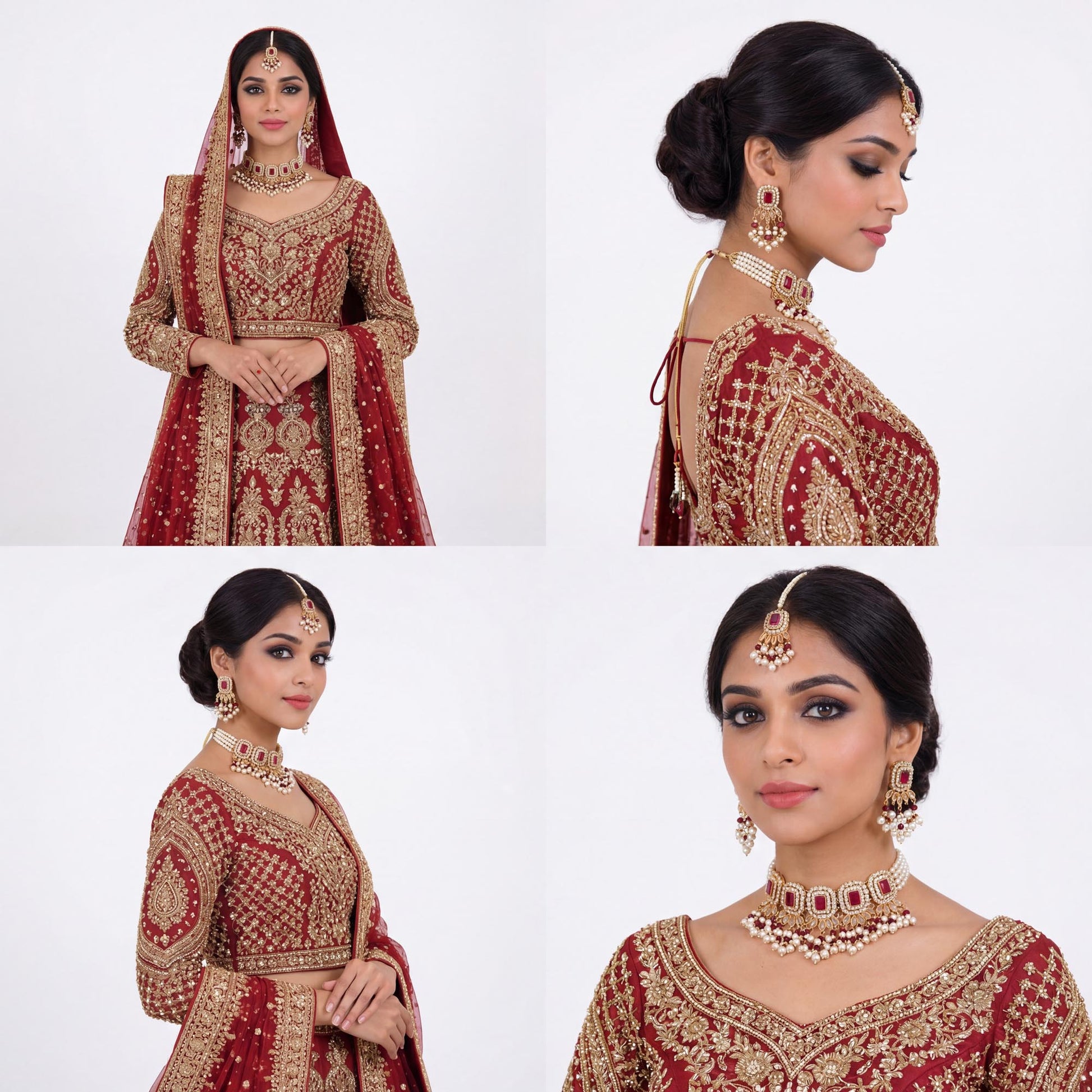 Woman in traditional red and gold bridal outfit with Pakistani simple maroon bridal choker set that comes with earrings and maang tikka

