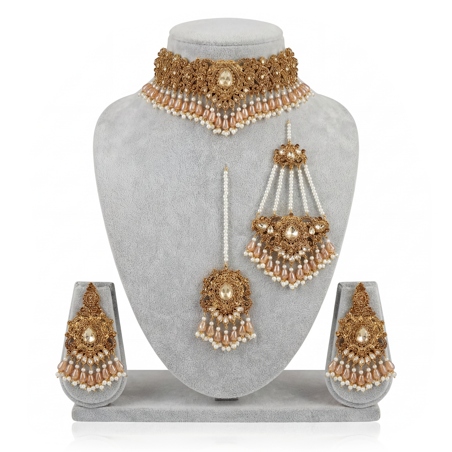 pakistani champagne semi-bridal choker set with large beads earrings tikka and jhoomar indian jewellery
