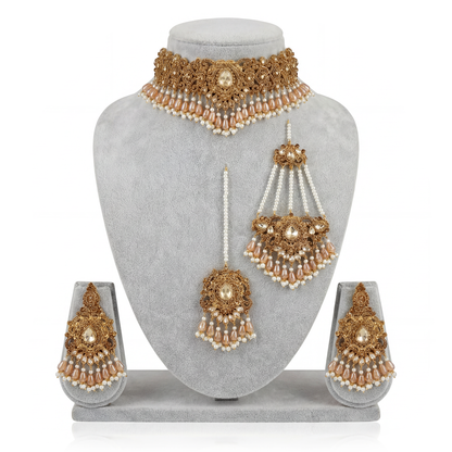 Pakistani champagne semi-bridal choker set with large beads earrings tikka and jhoomar indian jewellery