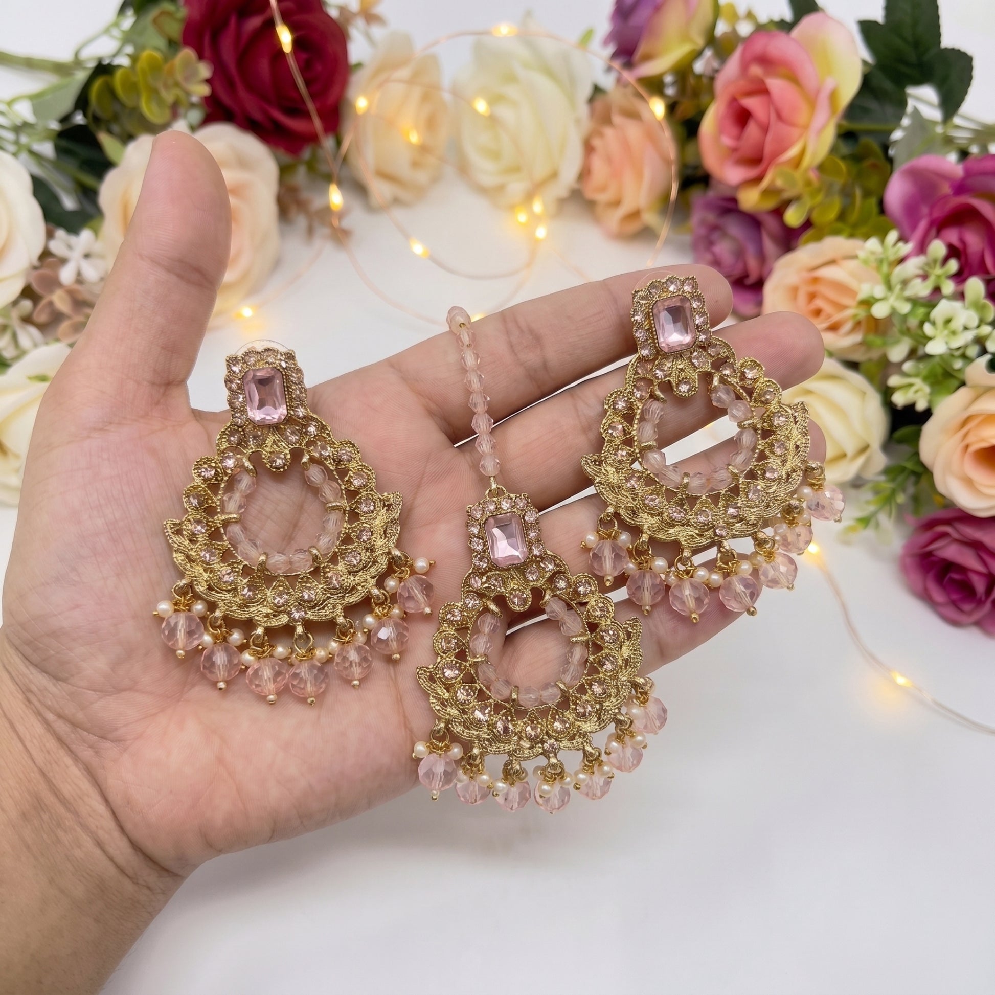 Golden and Pink pearls earrings maang tikka set