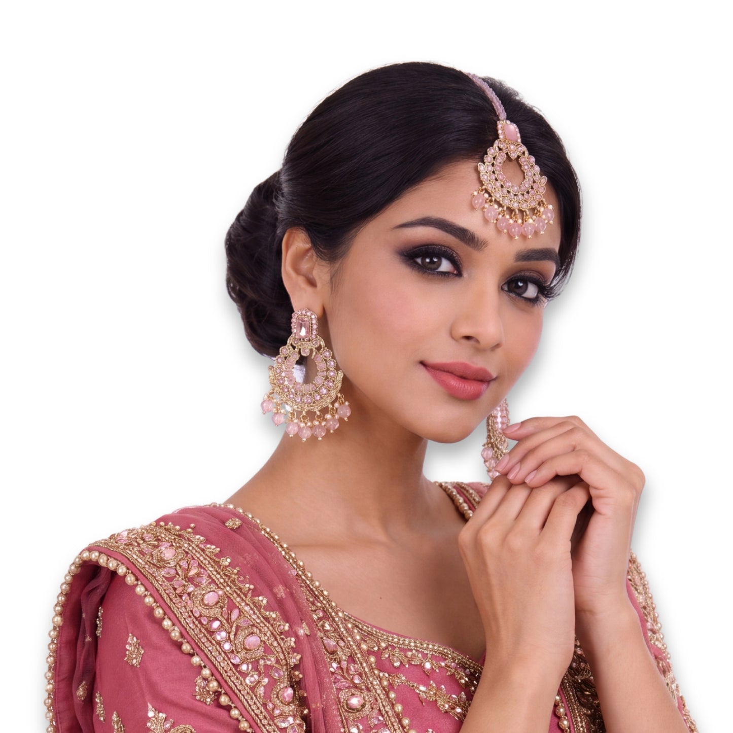 golden and pink pearls earrings maang tikka set