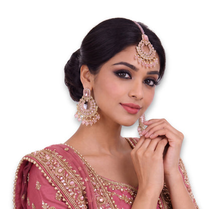 Golden and Pink pearls earrings maang tikka set