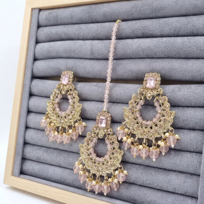 Golden and Pink pearls earrings maang tikka set