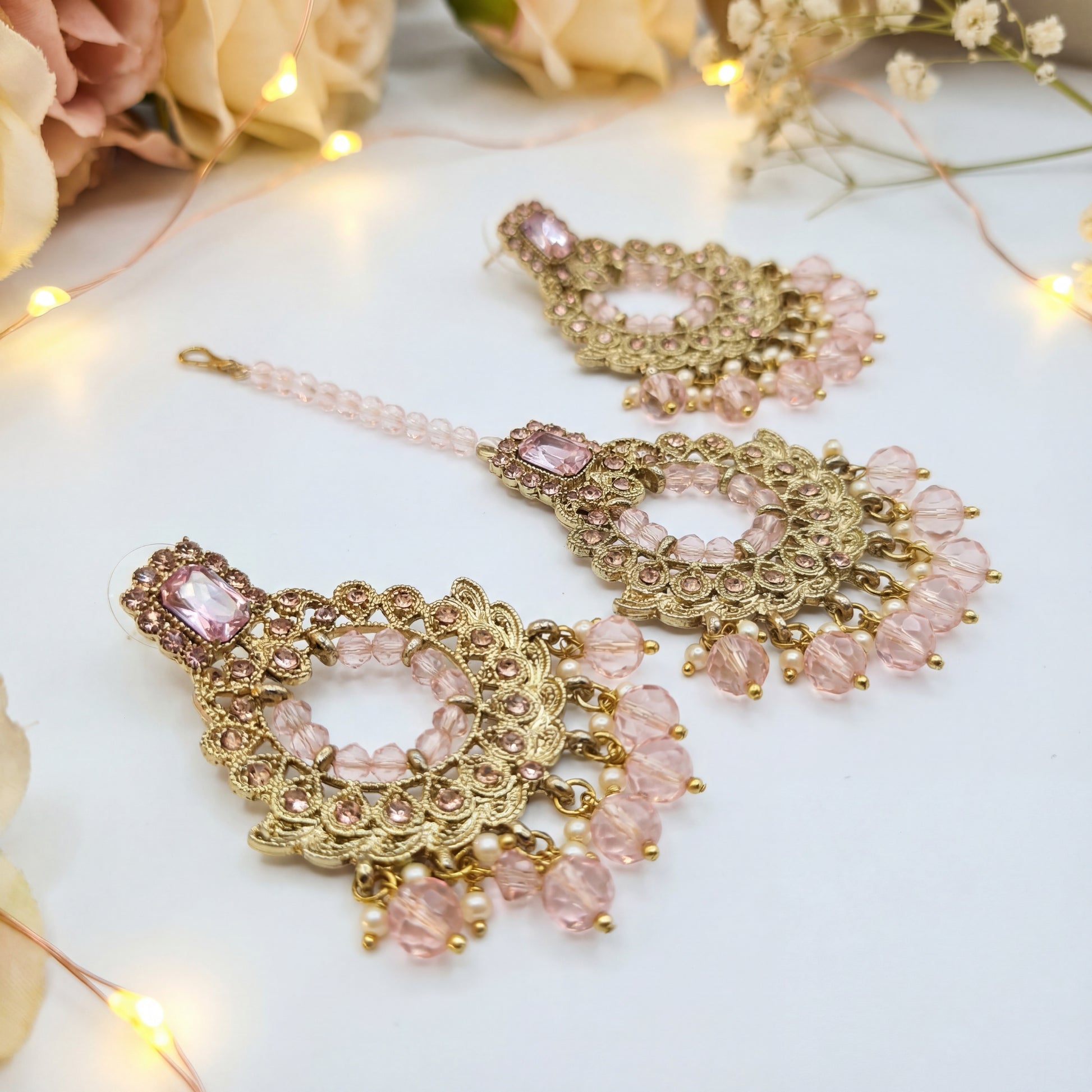 Golden and Pink pearls earrings maang tikka set