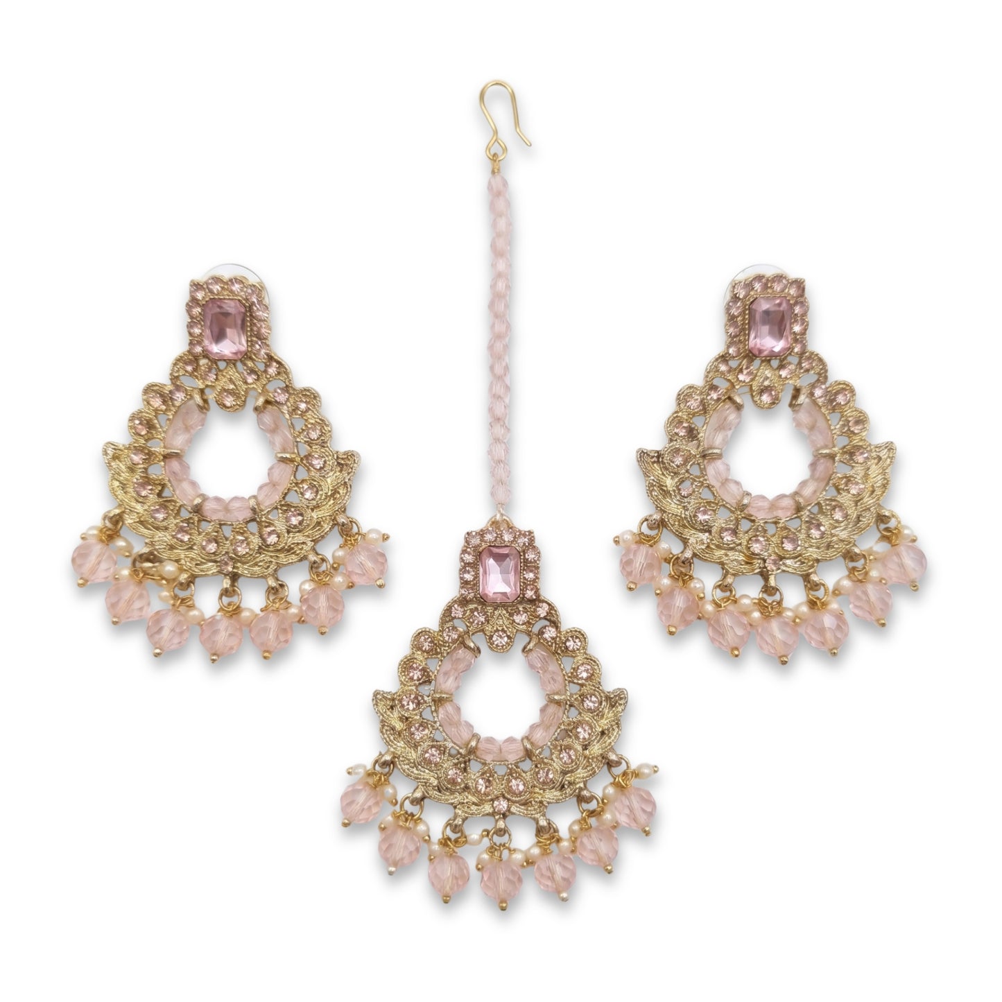 golden and pink pearls earrings maang tikka set