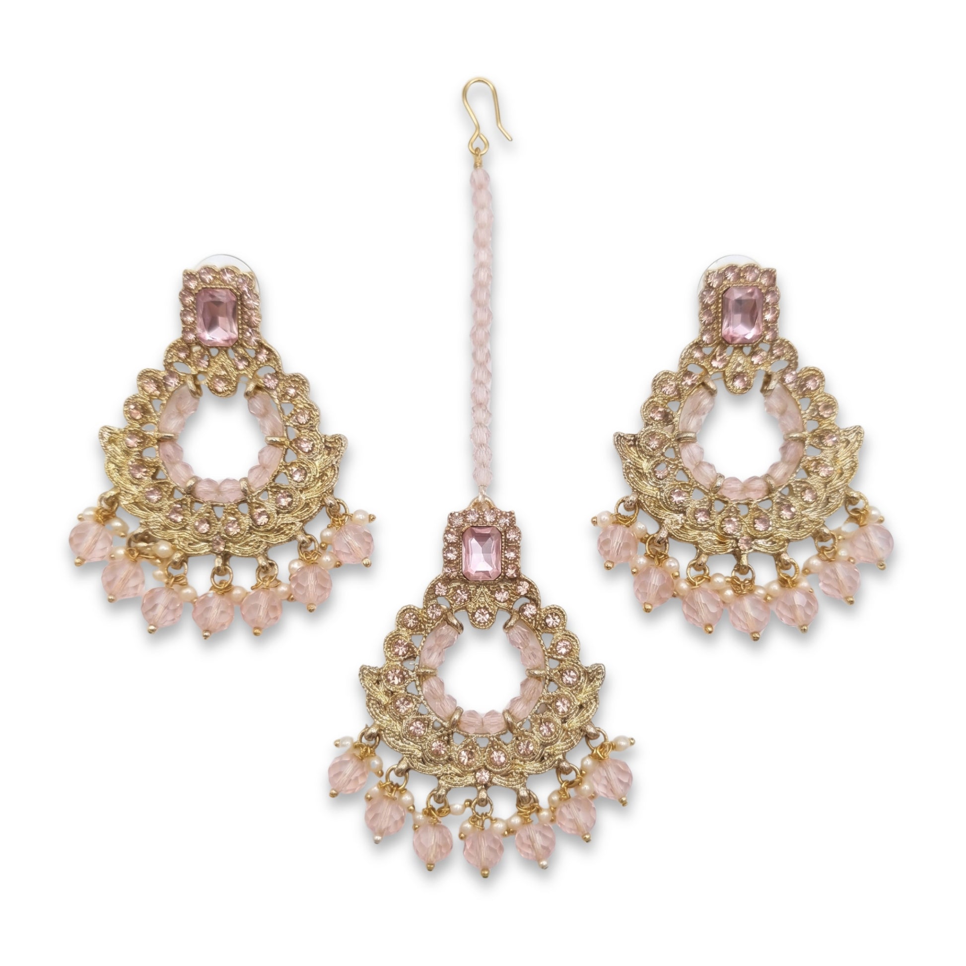 Golden and Pink pearls earrings maang tikka set