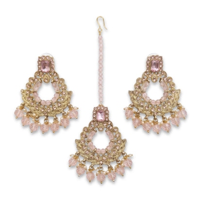 Golden and Pink pearls earrings maang tikka set