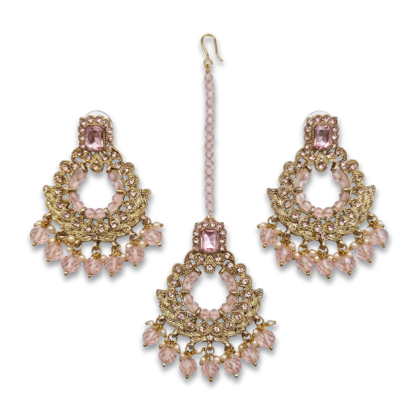 golden and pink pearls earrings maang tikka set