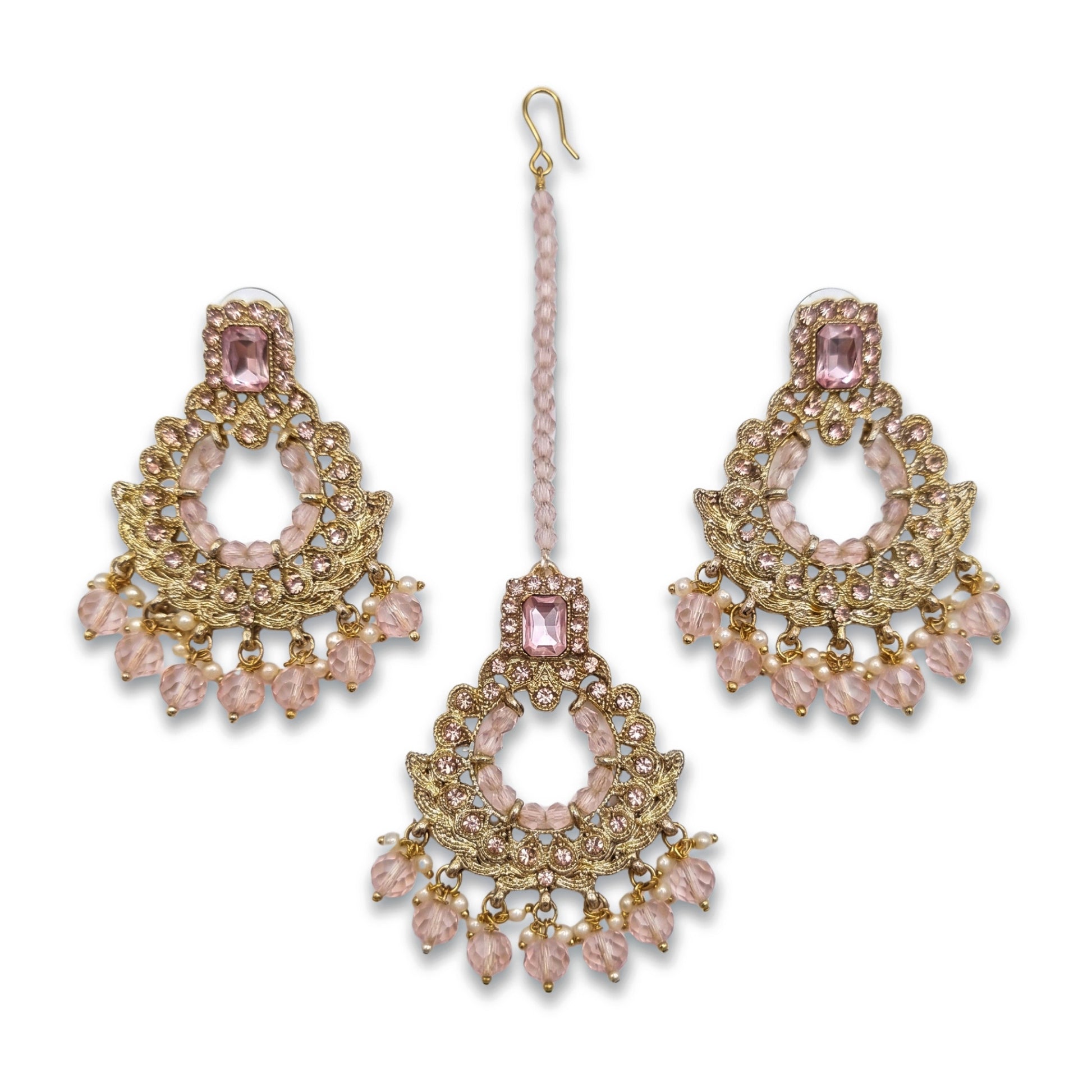 Golden and Pink pearls earrings maang tikka set