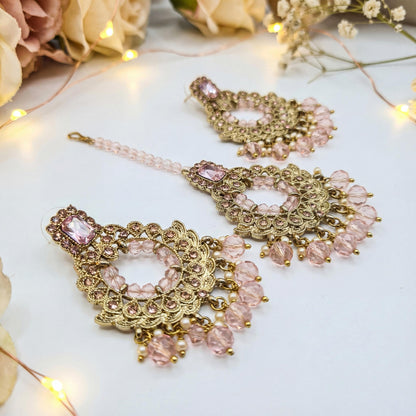 Golden and Pink pearls earrings maang tikka set