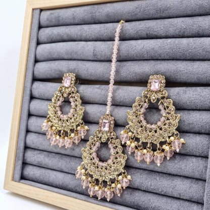 Golden and Pink pearls earrings maang tikka set