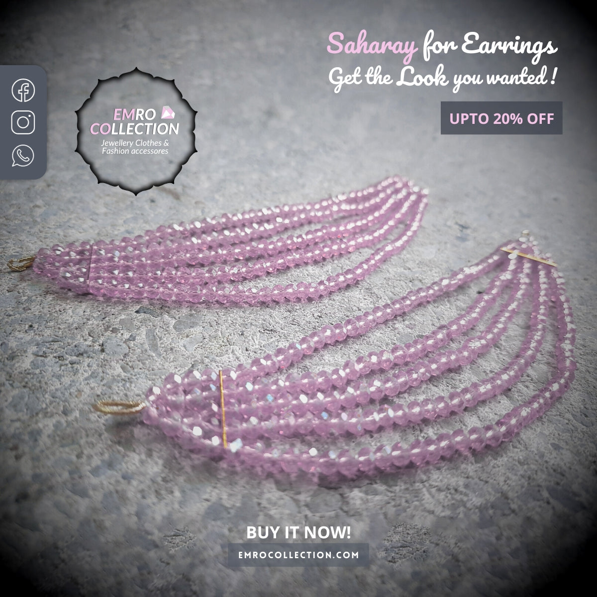 Handmade Pink Saharay earrings with a 6-inch glamorous Kan chain, crafted to add elegance to Indian and Pakistani jewelry styles