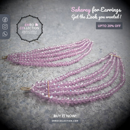 Handmade Pink Saharay earrings with a 6-inch glamorous Kan chain, crafted to add elegance to Indian and Pakistani jewelry styles