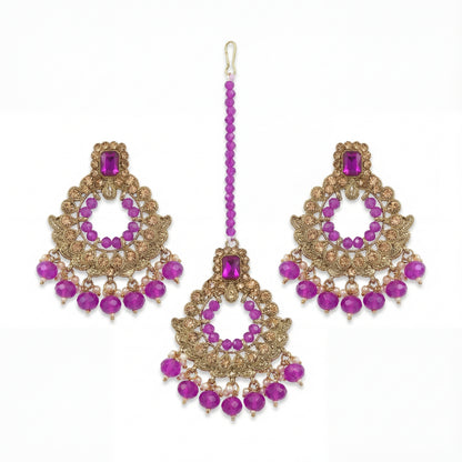 Golden and Purple pearls earrings maang tikka set