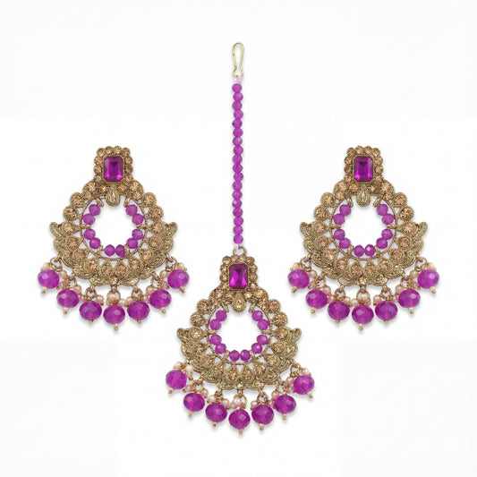 Golden and Purple pearls earrings maang tikka set